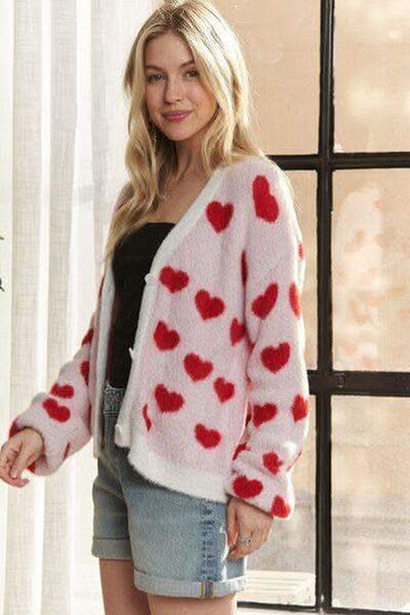 ADORA Fuzzy Heart Button Down Cardigan - SwagglyLife Home & Fashion